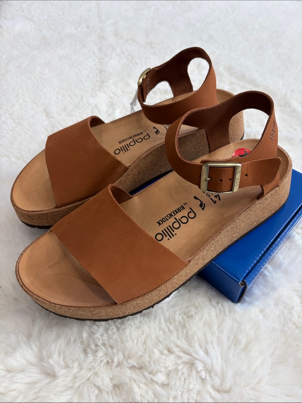 Papillio by Birkenstock,Size 10,Brown Leather Ankle-Strap Platform Sandals